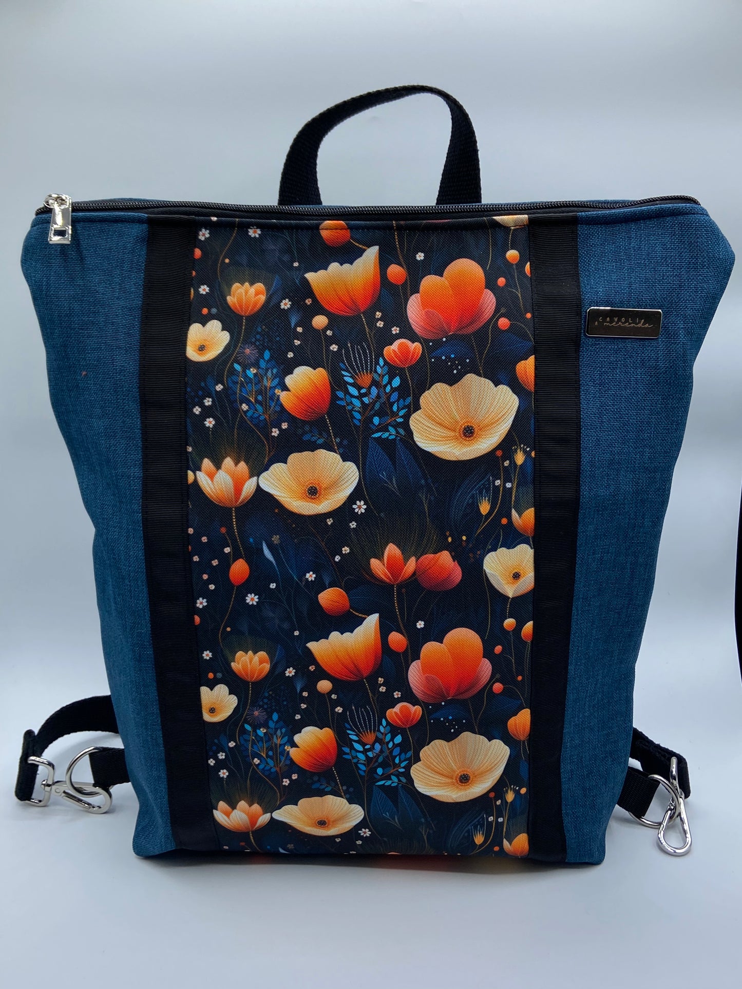 Borsa zaino Zena blu fiori arancioni