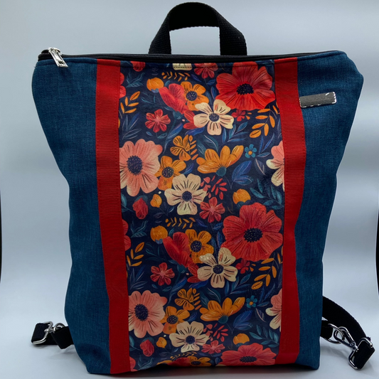 Borsa zaino Zena blu fiori rossi